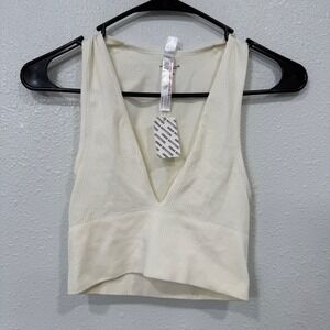 Out From Under Urban Outfitters Cream Ribbed Deep V Neck Crop Tank Top S NEW